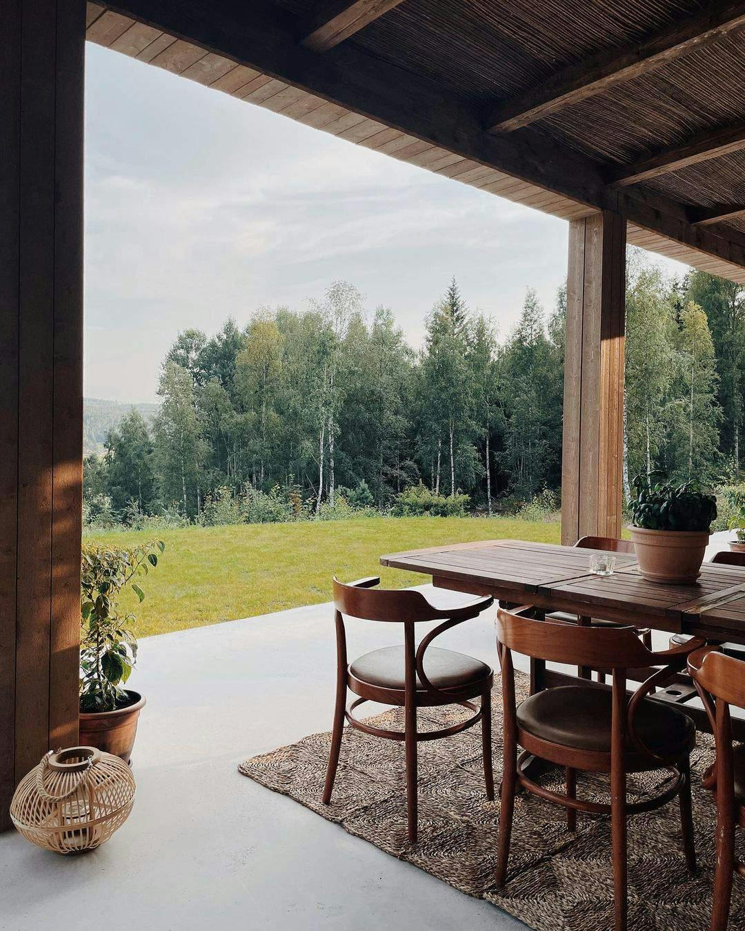 Garden patio overlooking forest and countryside