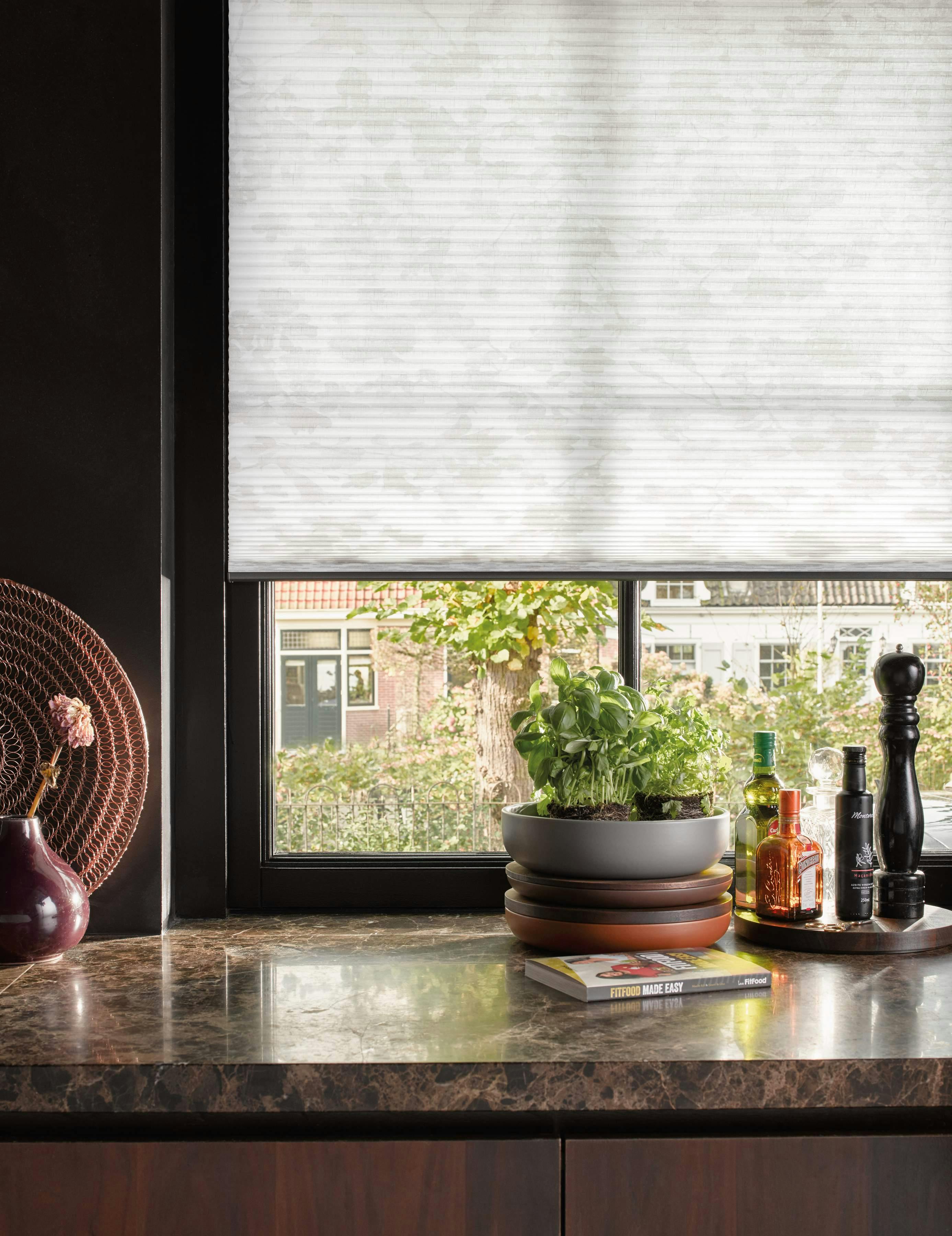 White duette blinds covering kitchen window framed with leafy green plants