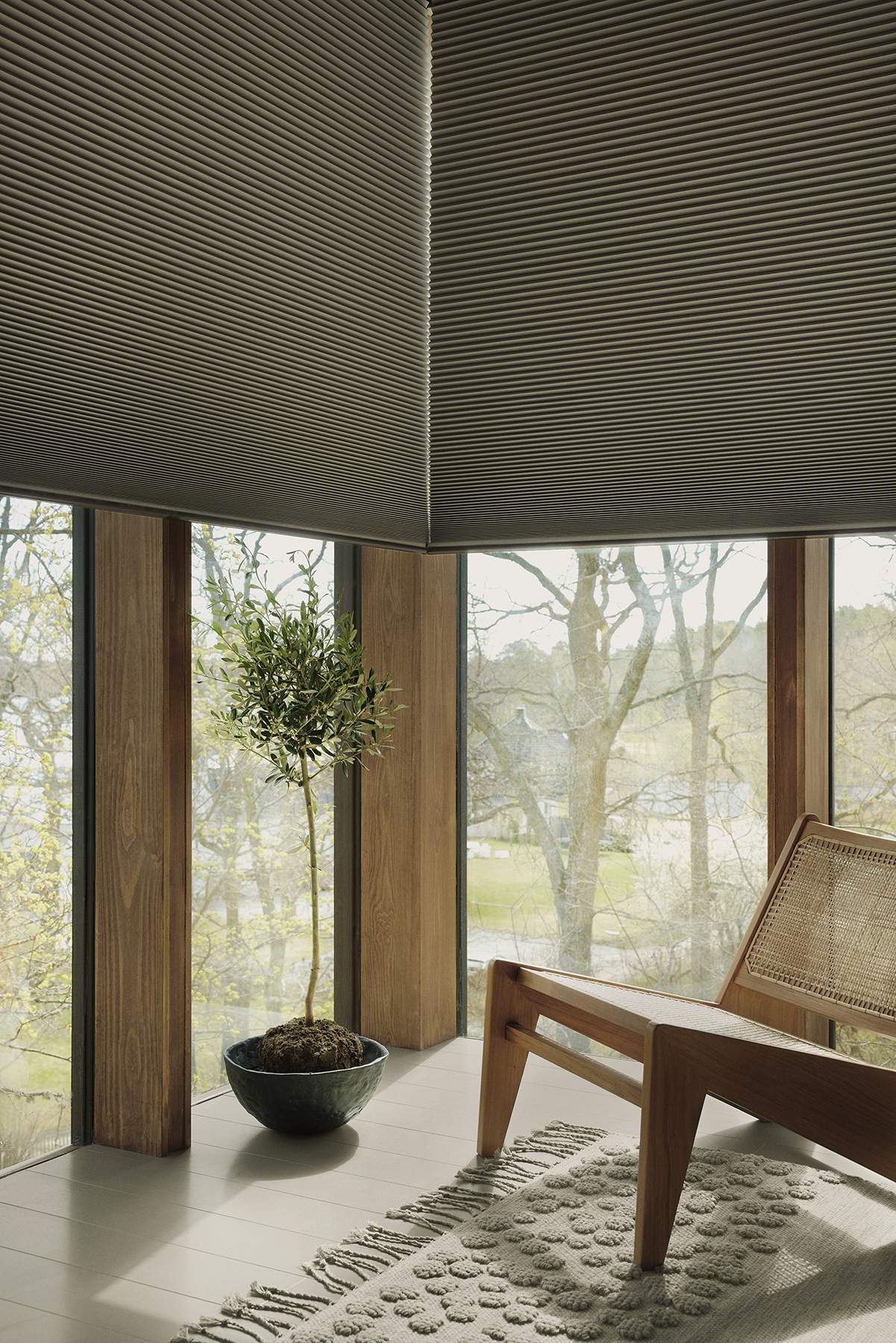Ett modernt inrett rum med stora fönster från golv till tak som vetter mot en utomhusmiljö med träd. Fönstren har träramar och golvet är ljust och kaklat. En krukväxt står nära fönstret och en trästol med flätad sits är placerad på en matta med cirkulära mönster. Taket har horisontella linjer som antyder paneldesign. Inredningen är minimalistisk med fokus på naturligt ljus och material.