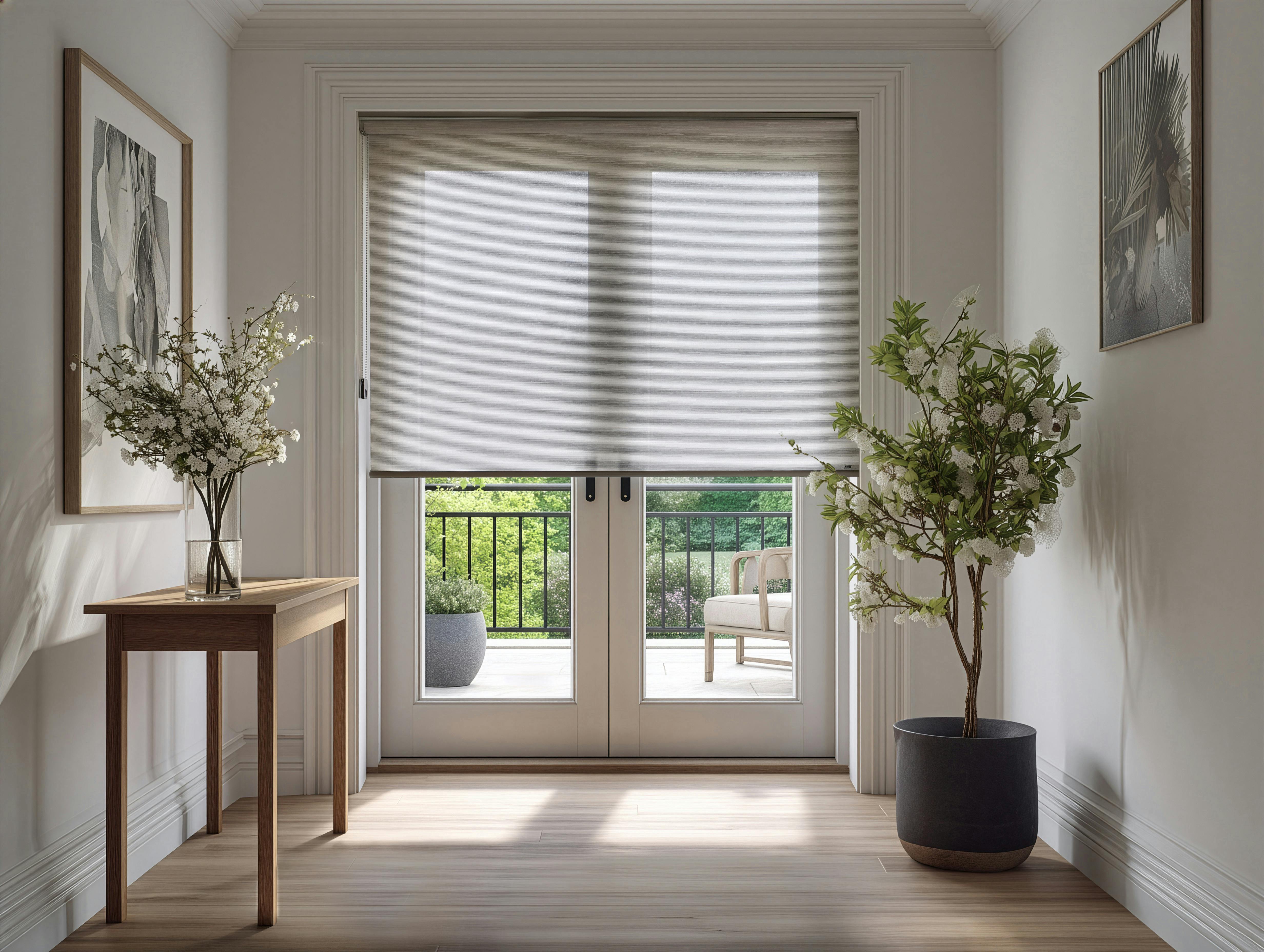 White roller blinds on French doors in a spacious hallway 