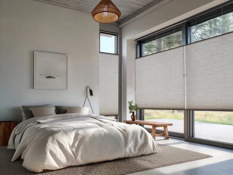 Grå Duette®-gardiner på store skyvedører på terrassen på soverommet