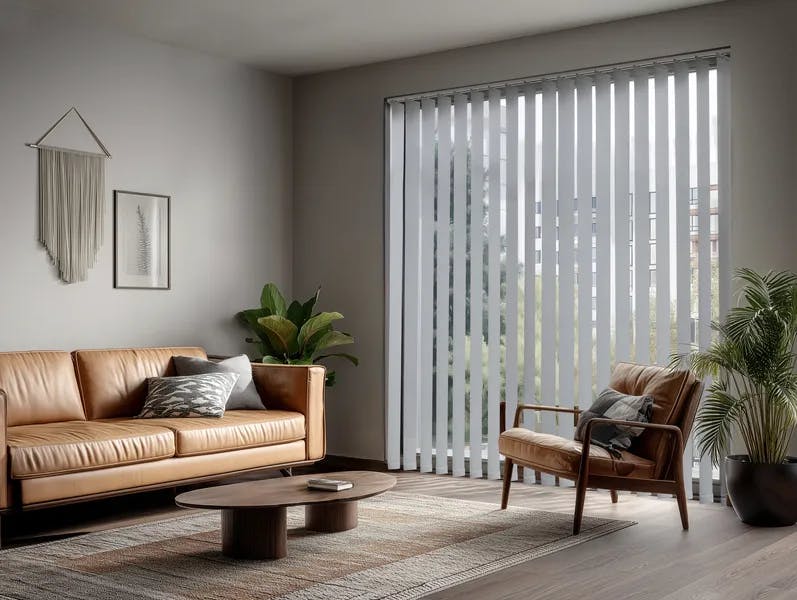 Grey vertical blinds in a semi-opened position on a sliding patio door in a living room 