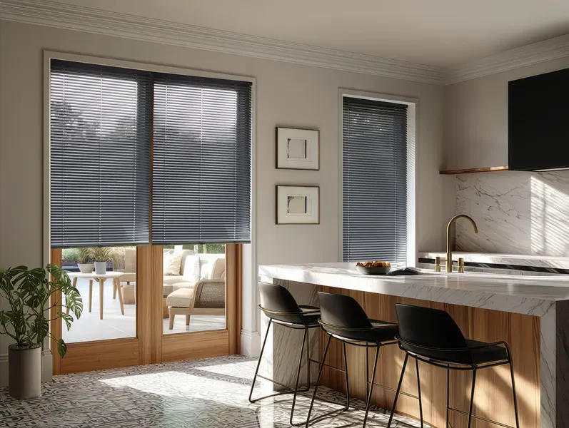 Dark grey venetian blinds on french doors in an open kitchen area