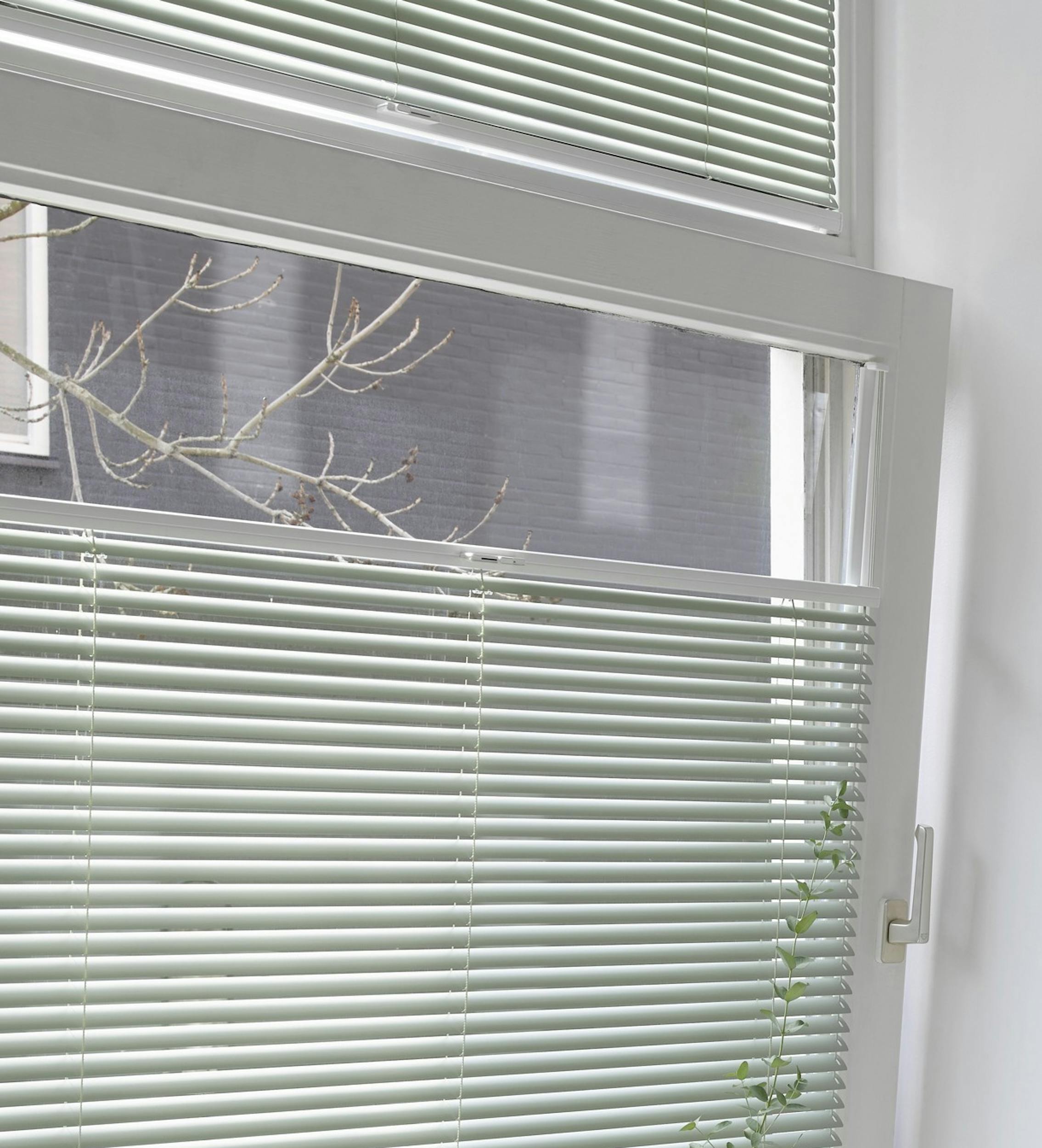 Stores vénitiens verts pour fenêtres oscillo-battantes