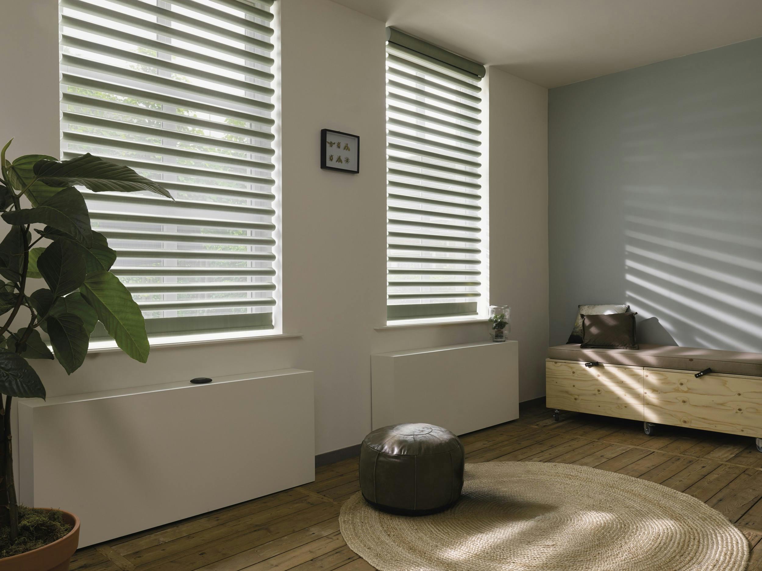 Light green Pirouette® blinds in a living room