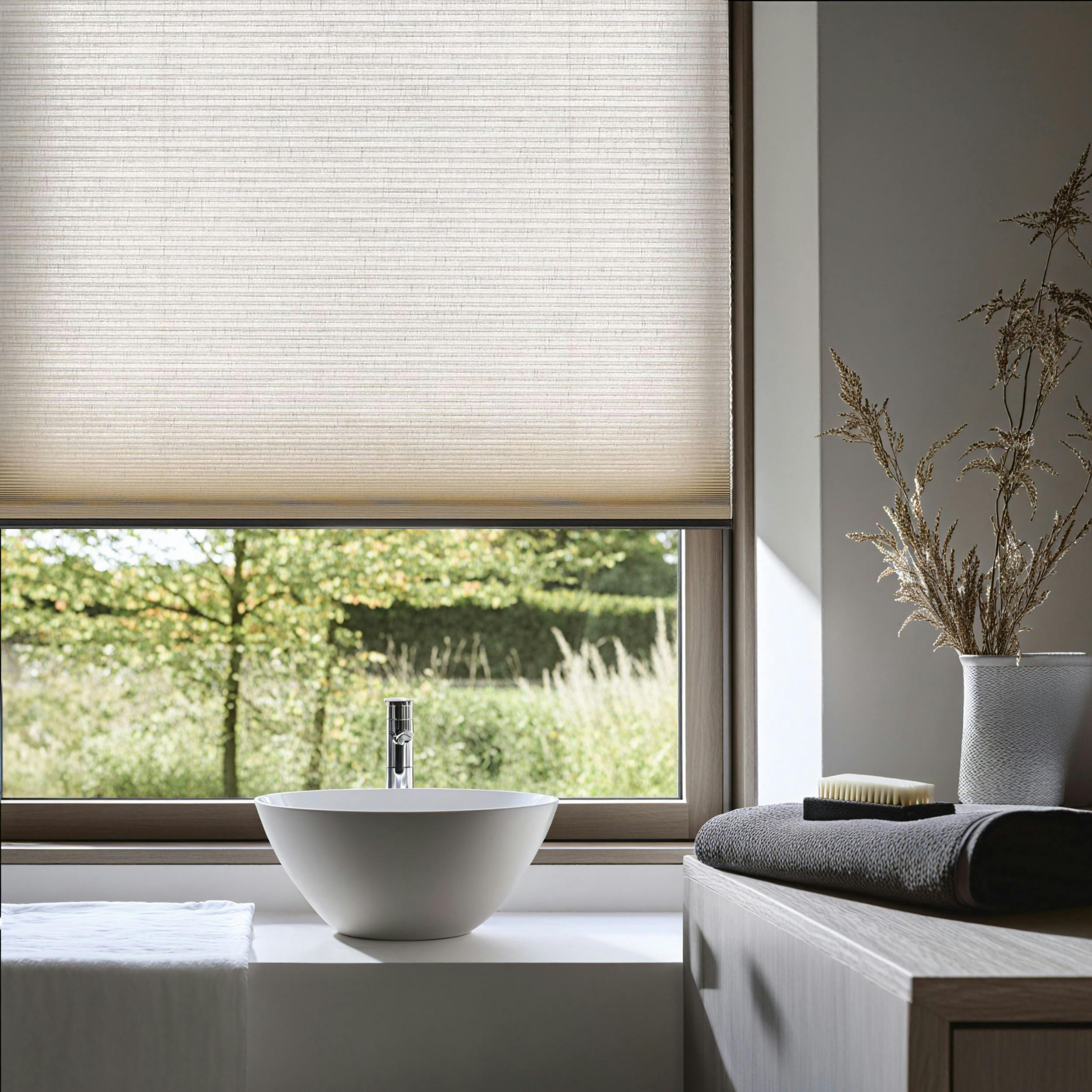 Salle de bains moderne avec stores Duette® beiges à la fenêtre