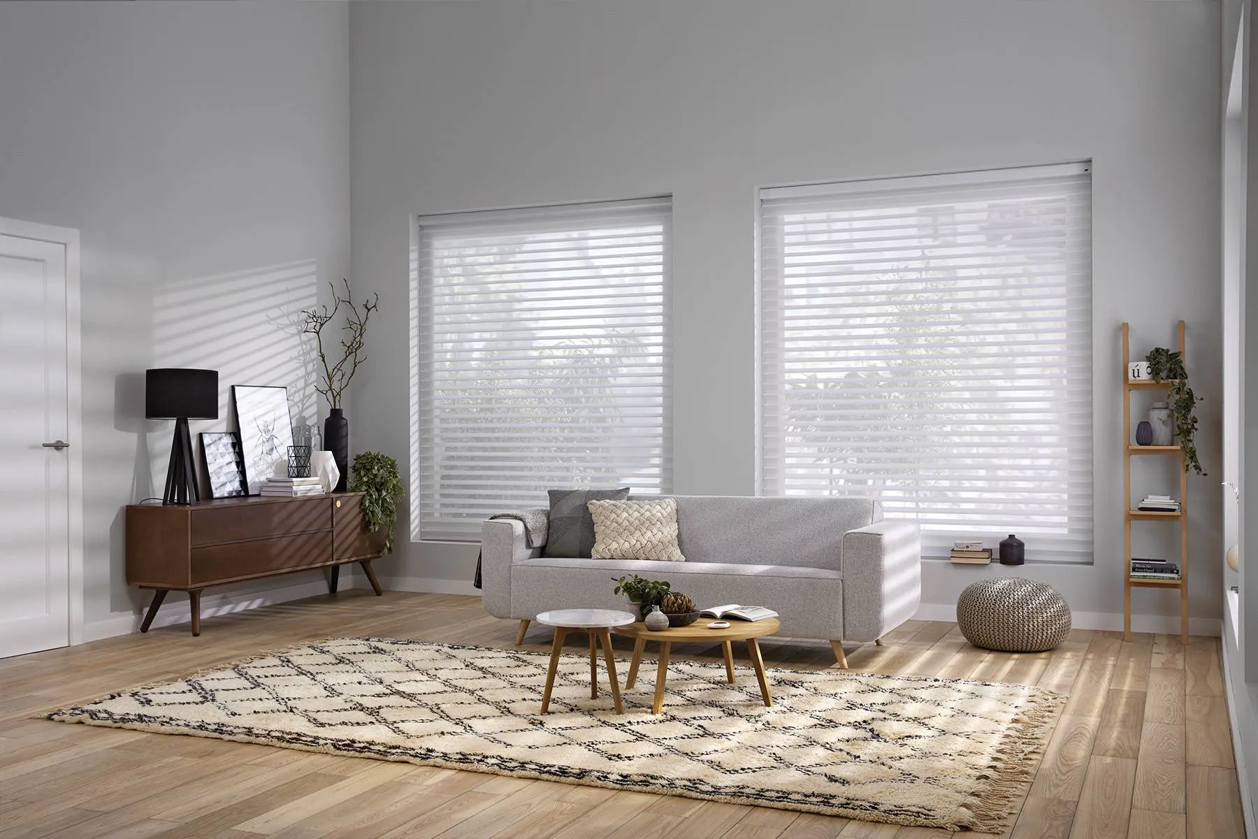 White silhouette blinds in a living room