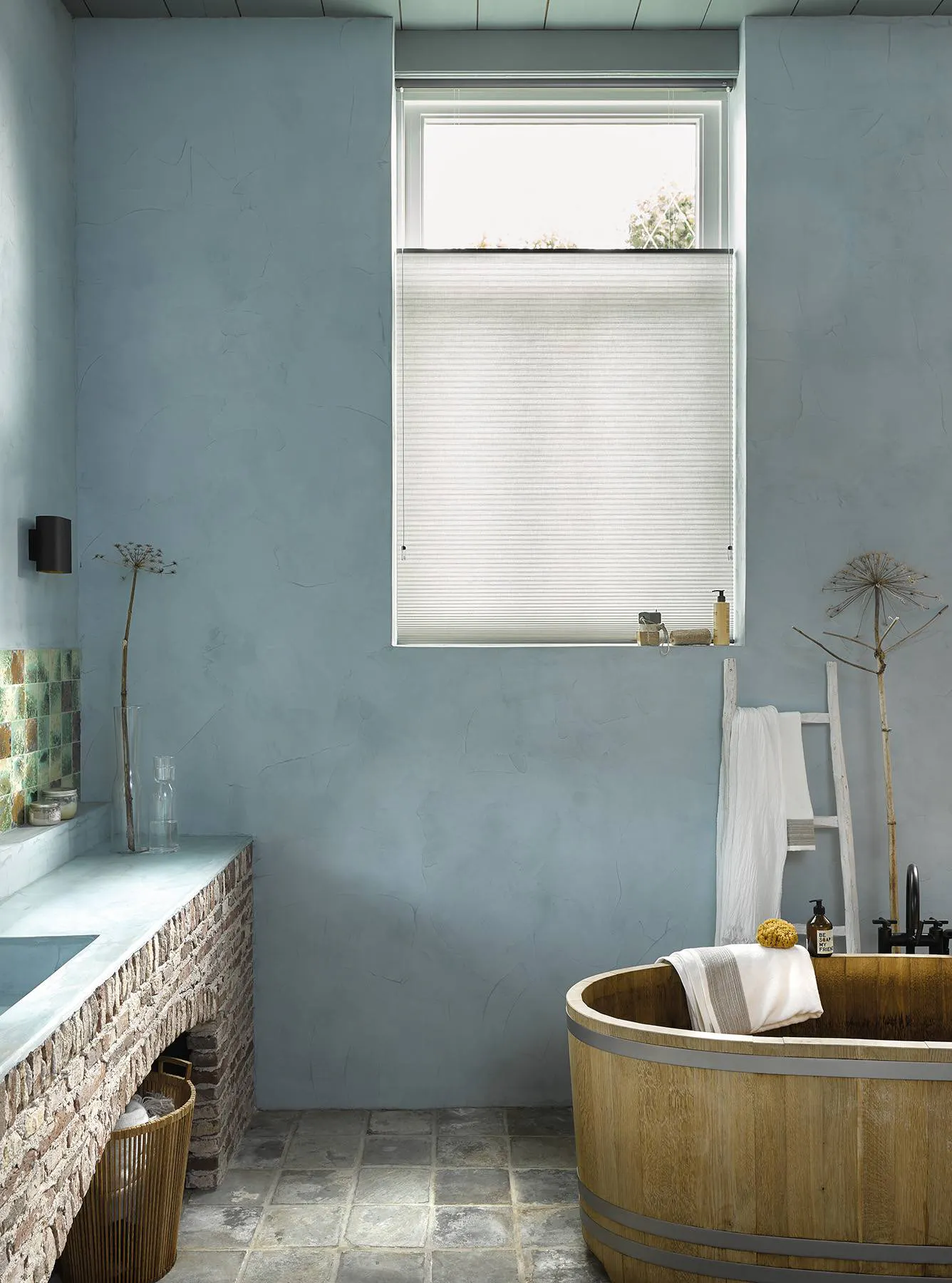 White duette blinds in a rustic bathroom