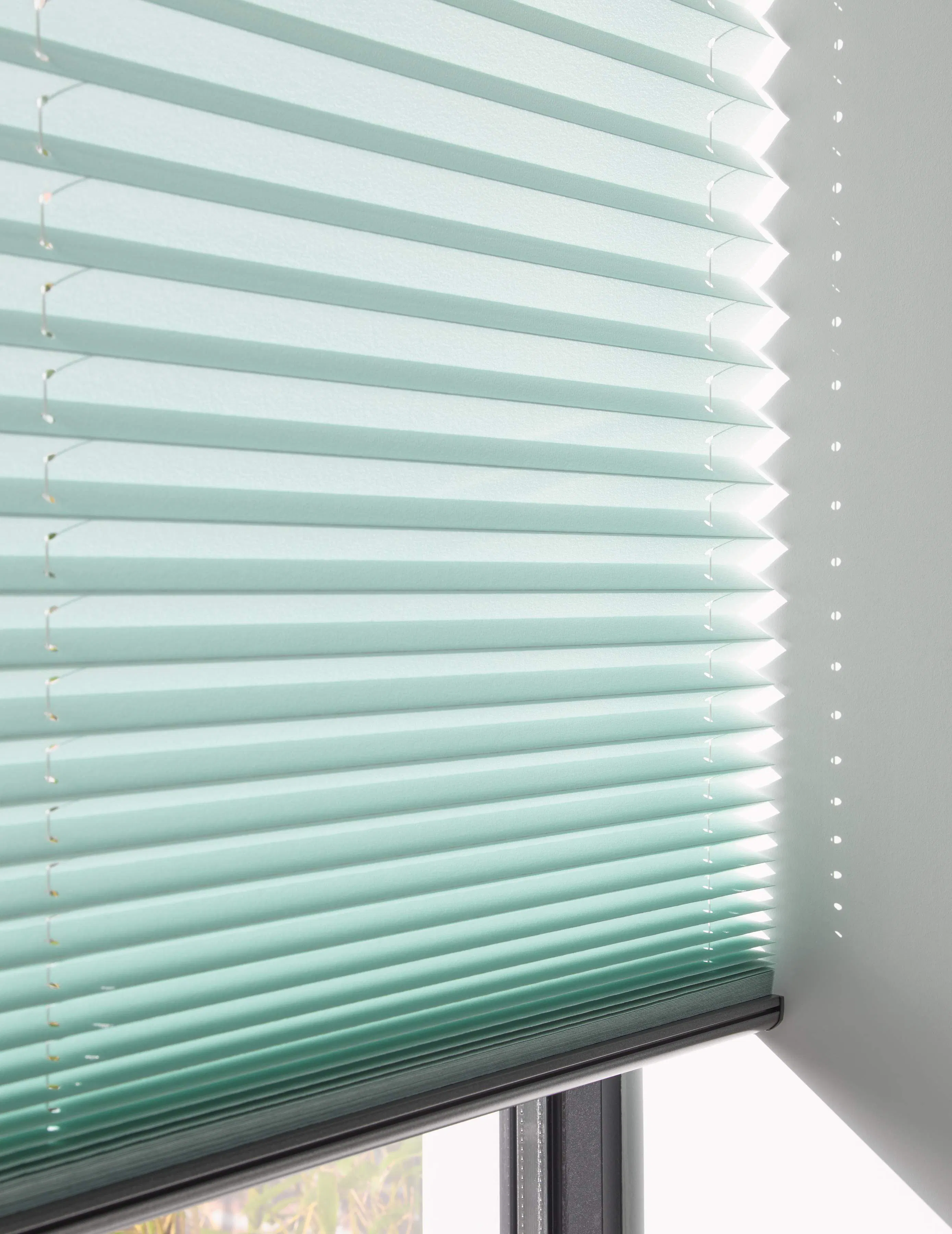 Closeup of green plisse blinds