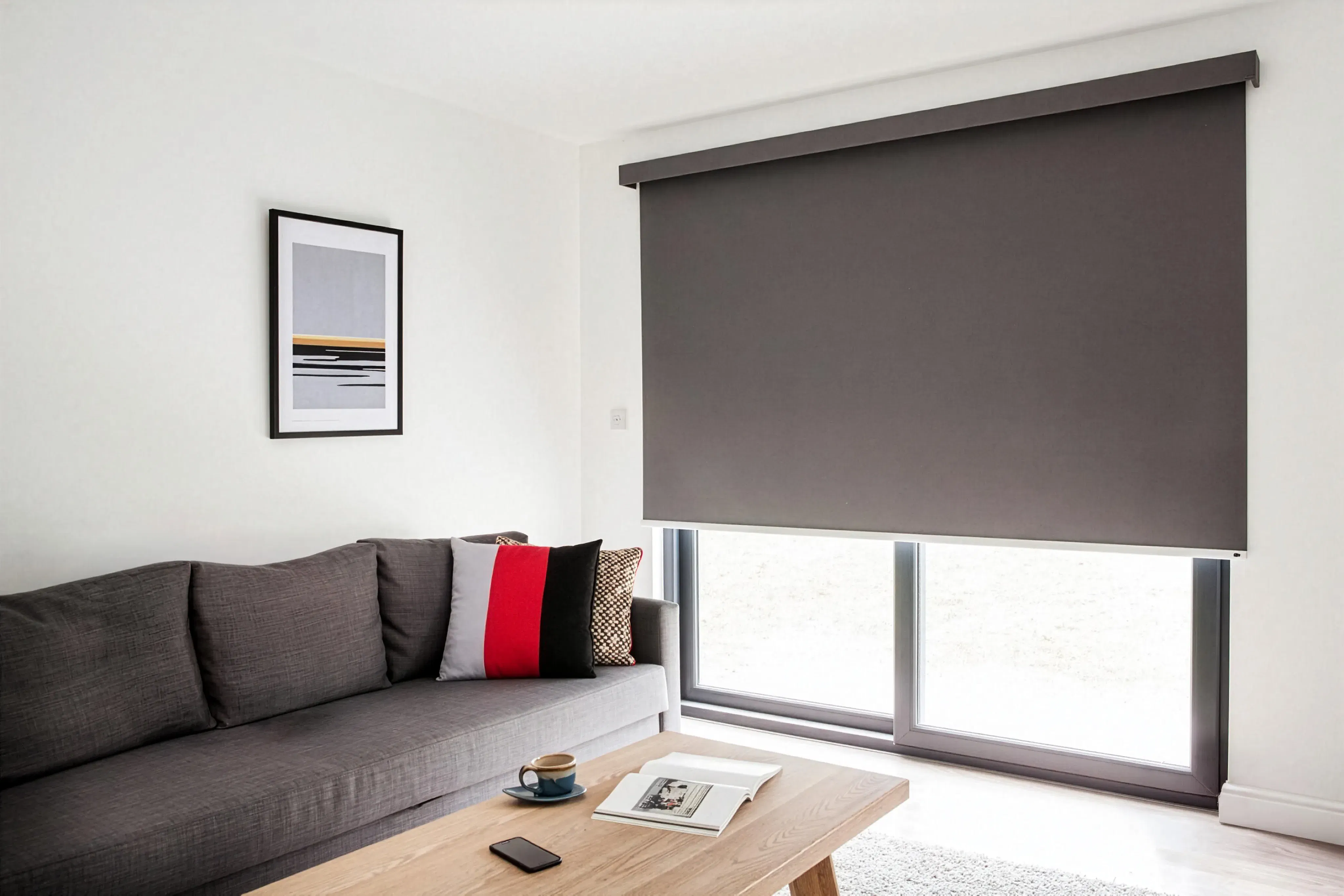 Grey roller blinds in a simple living room 