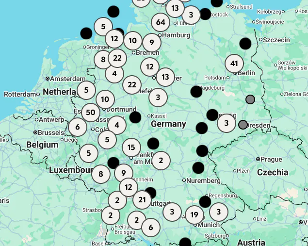 Deutschland‑Karte zur Fachhändlersuche mit Suchergebnissen