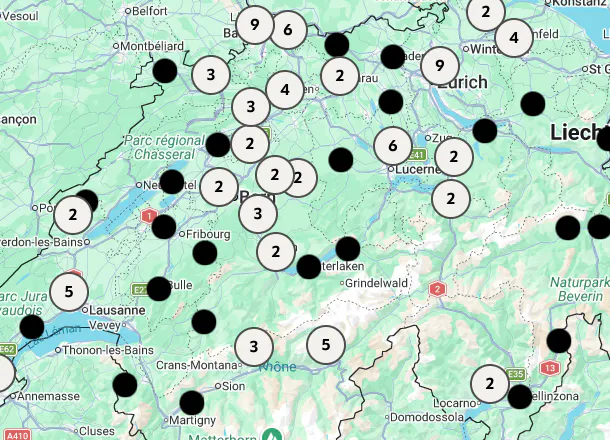 Schweiz-Karte zur Fachhändlersuche mit Suchergebnissen
