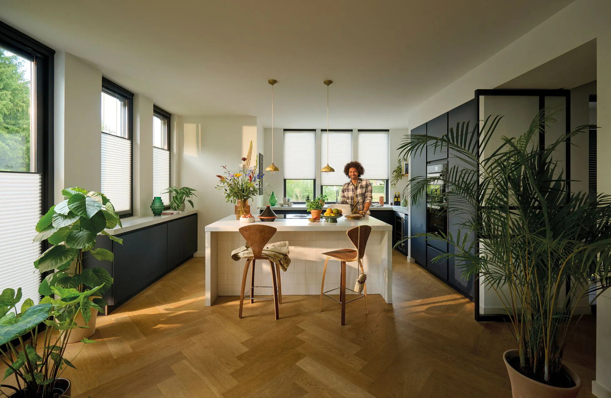 White plisse shades in a kitchen