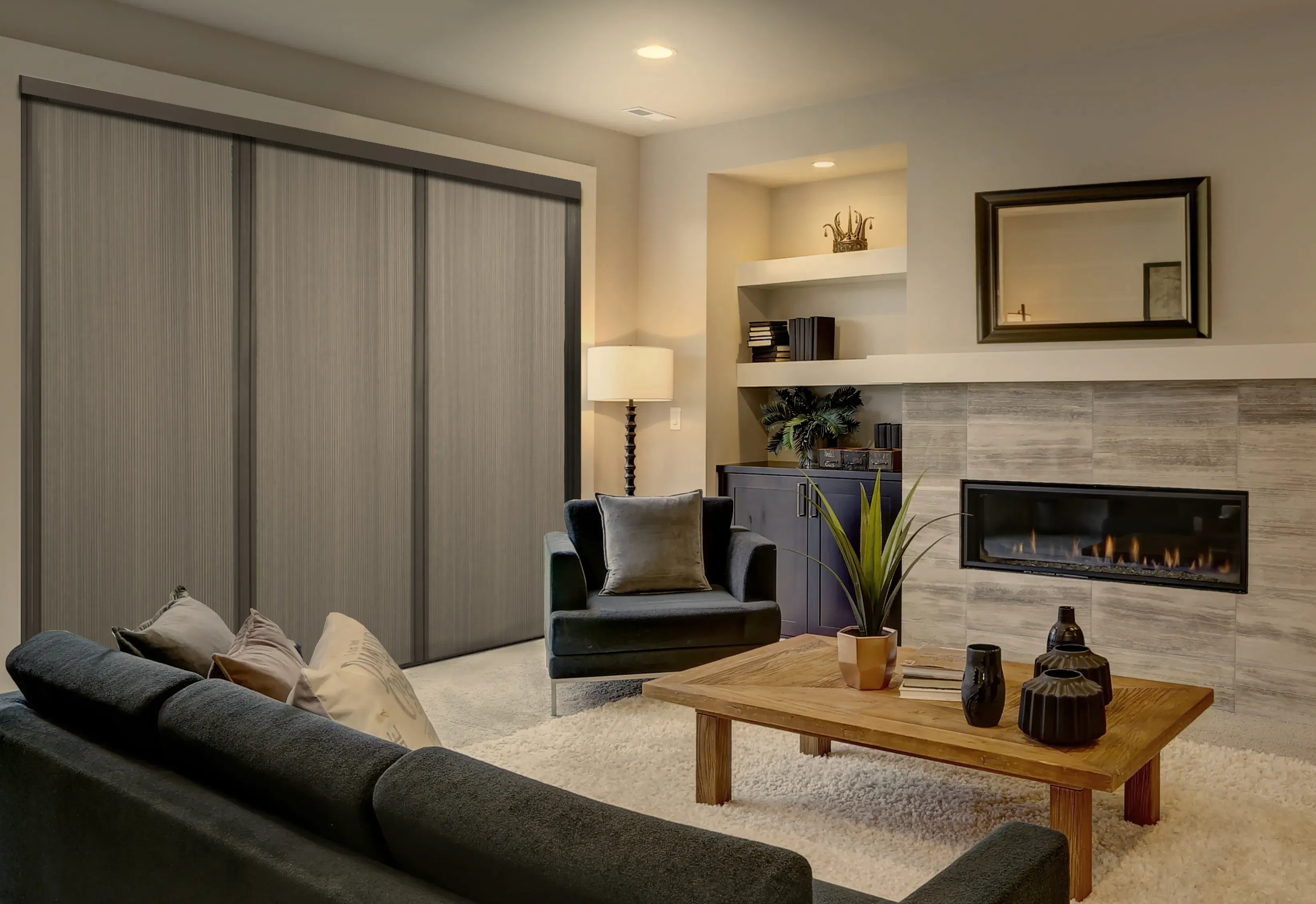 Black blackout blind screen in a living room