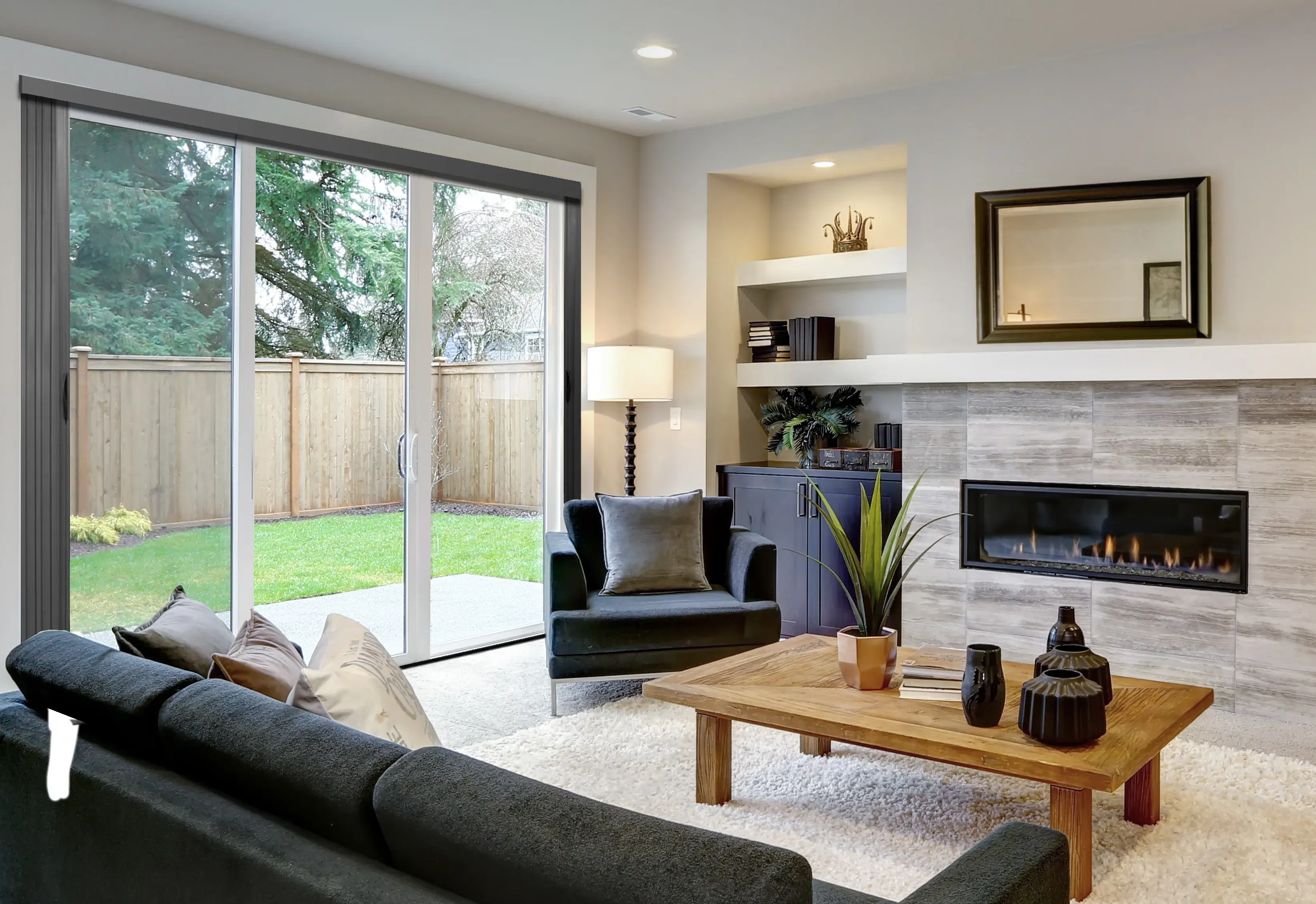 Grey blind screen in open position in a living room