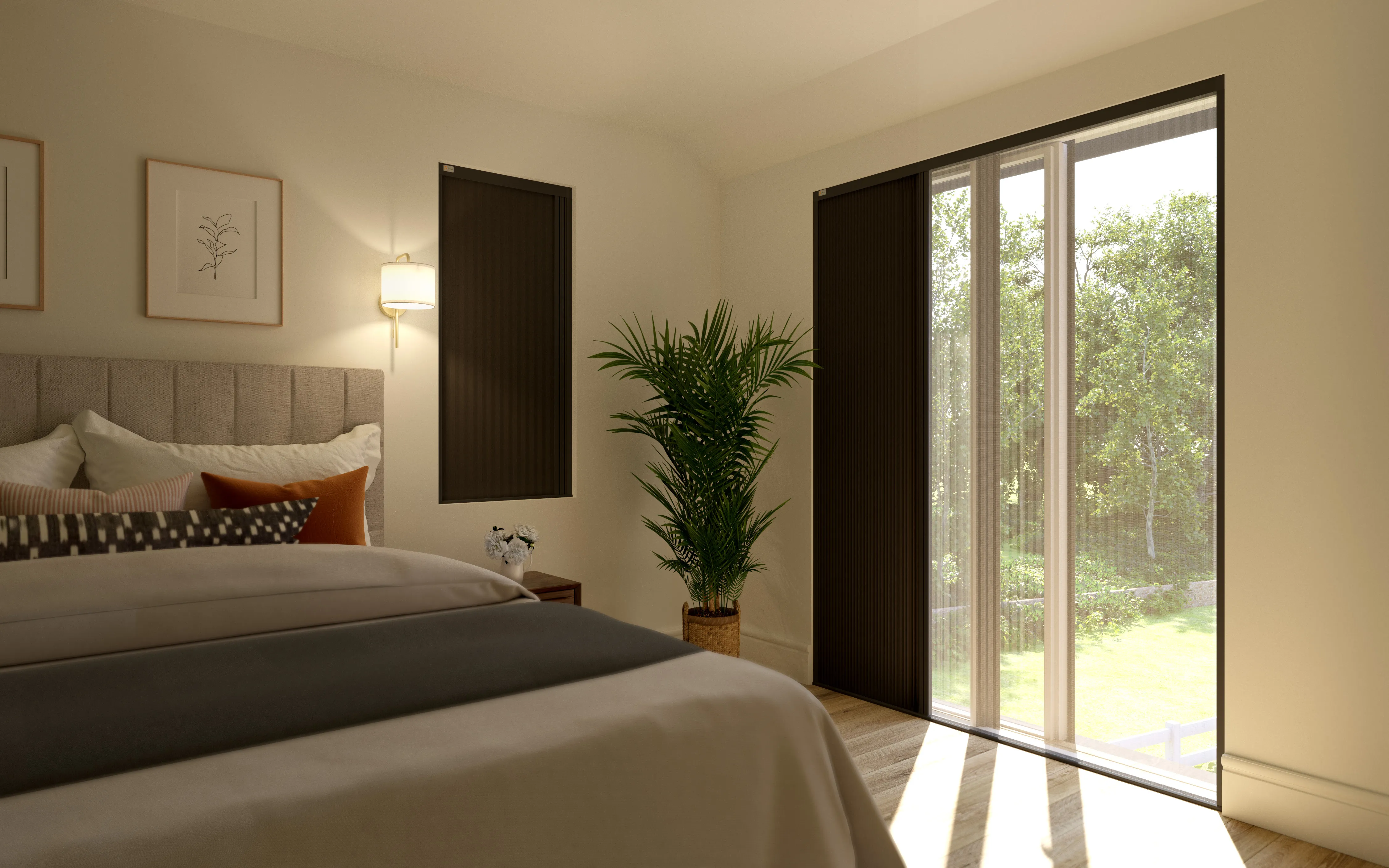 Black blind screen in a bedroom