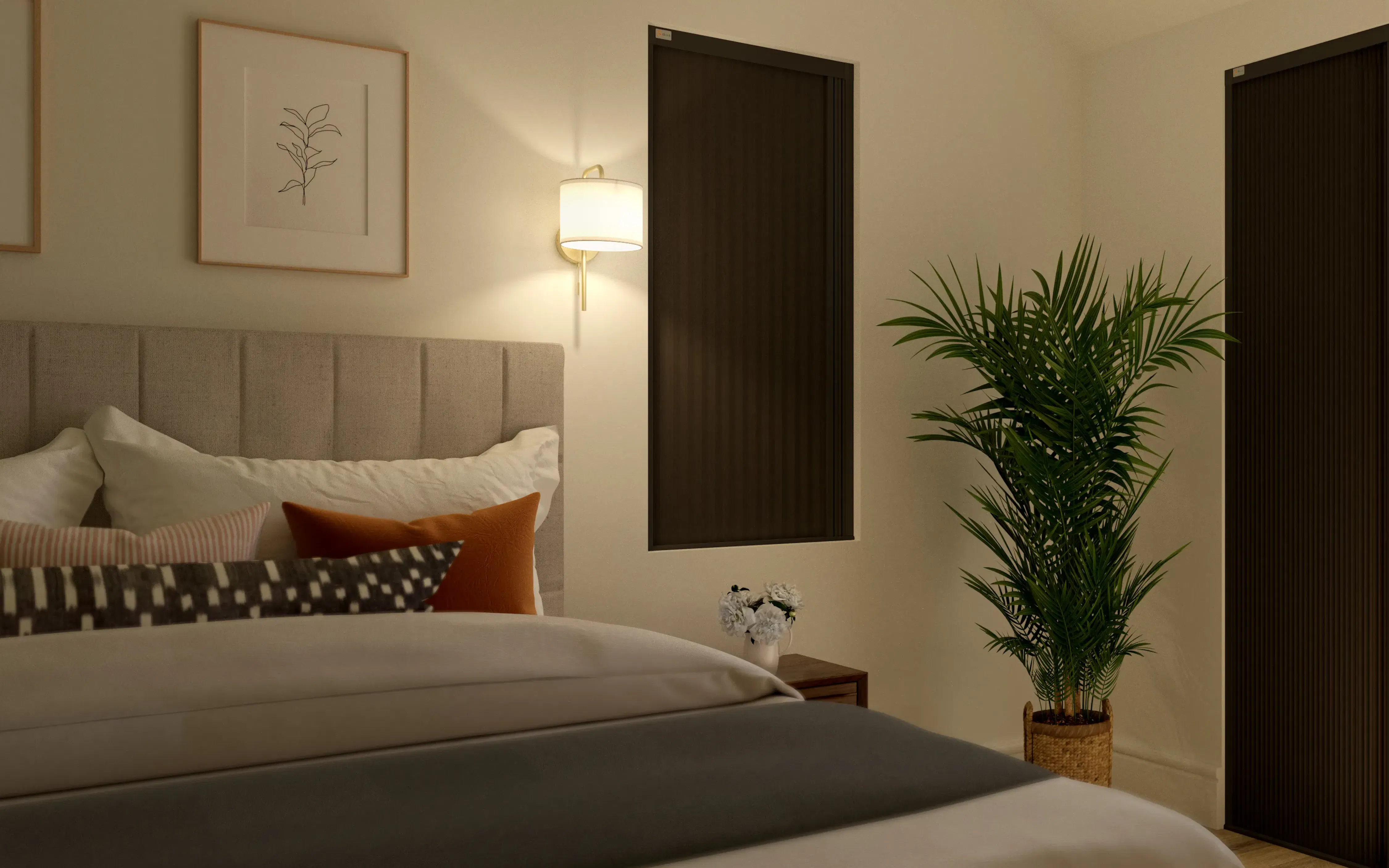 Black blind screen in a bedroom