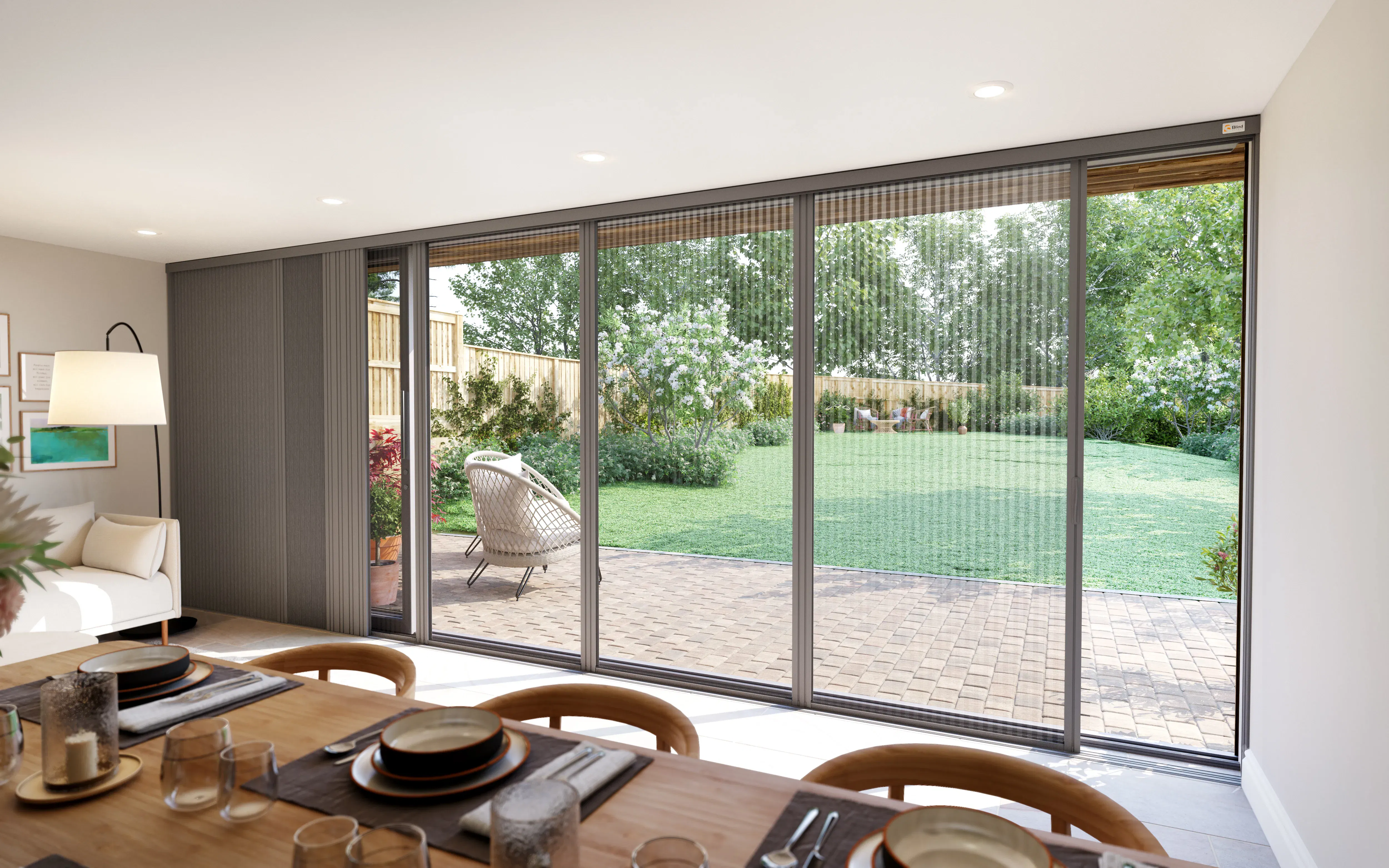 Grey blind screen in a dining room