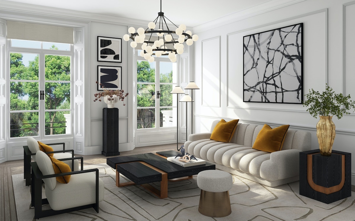 Liang & EImil Keiron Sofa, Grove coffee and side tables, Bucolic chandelier