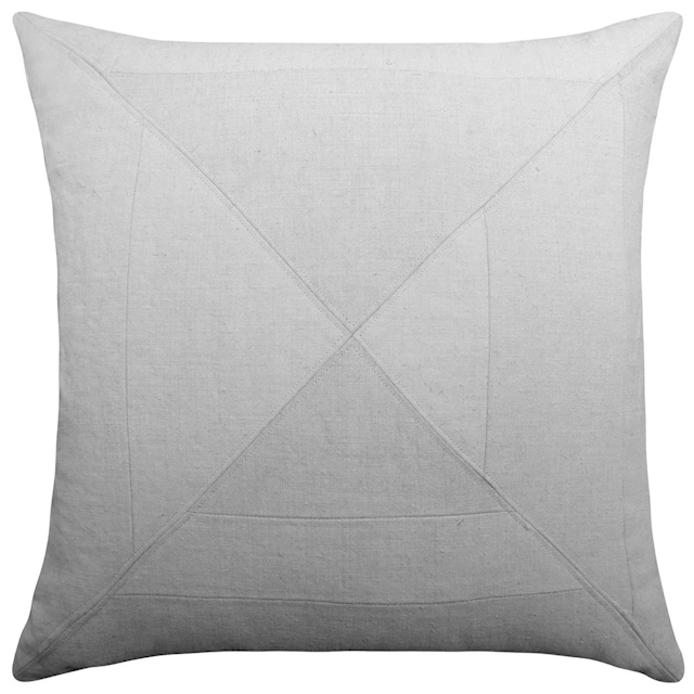 Square pale grey cushion with large crisscross seam detailing