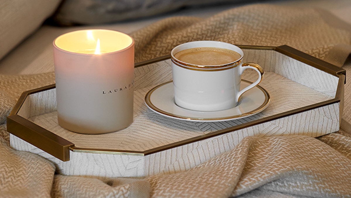 Laura Hammet Elemental tray with Tuscan suede candle and coffee cup