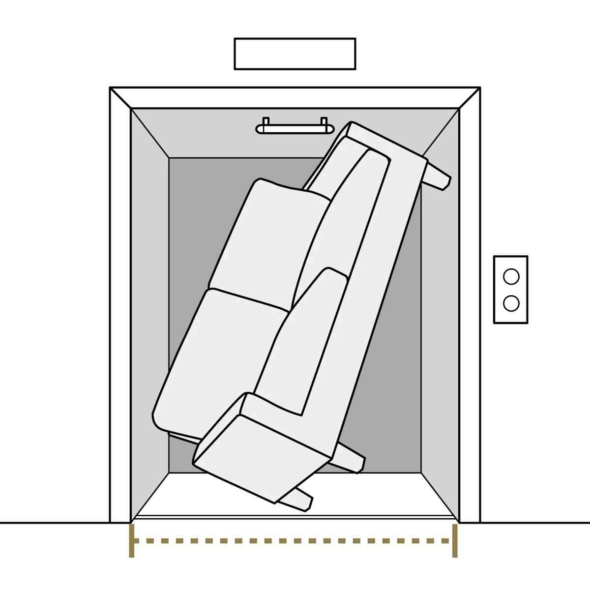 An illustration demonstrating how to fit a sofa into a lift
