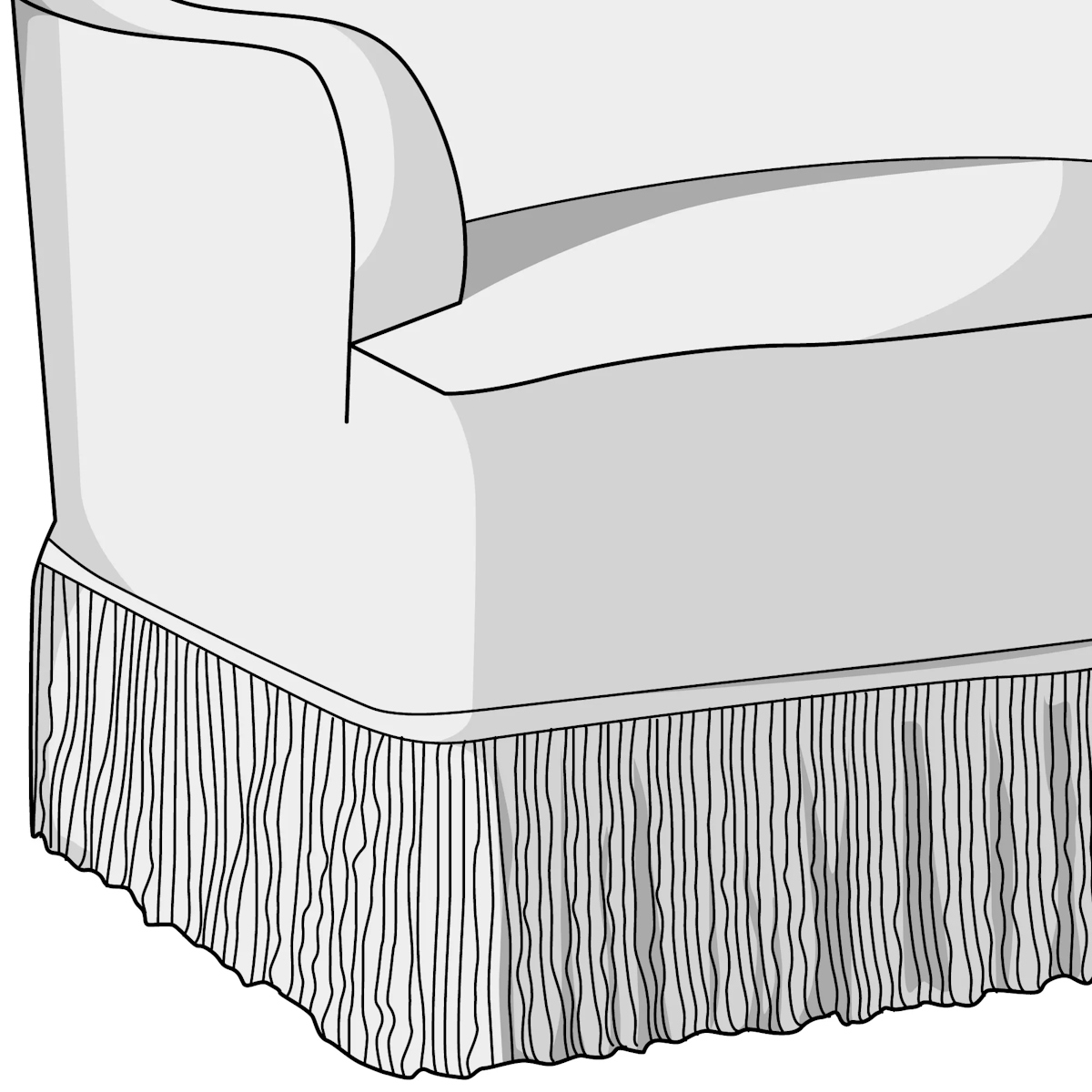 Upholstery illustration featuring fringe trim on luxury sofa