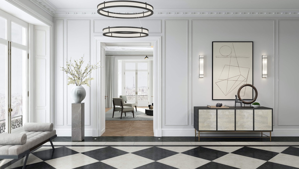 Luxury Parisian apartment featuring designer furniture, lighting, home decor and accessories