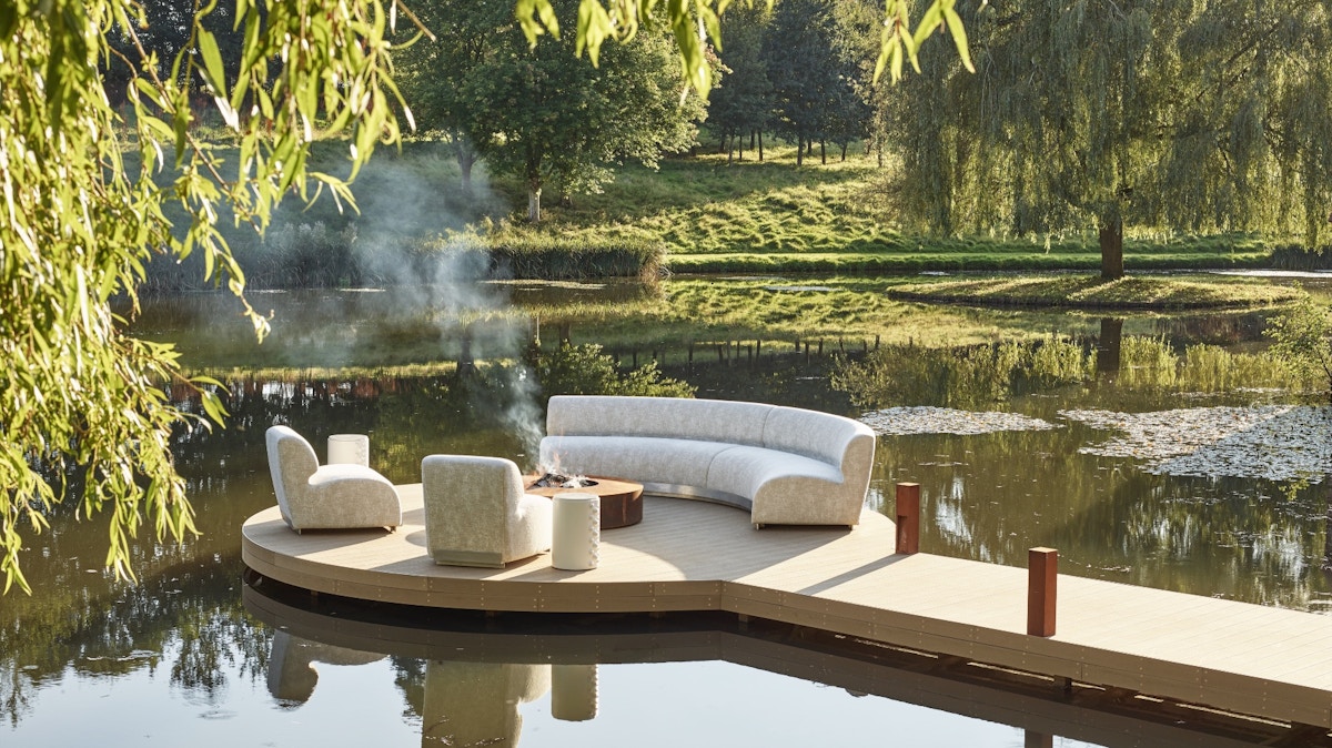 FBC London statement outdoor furniture on a jettee in a lake