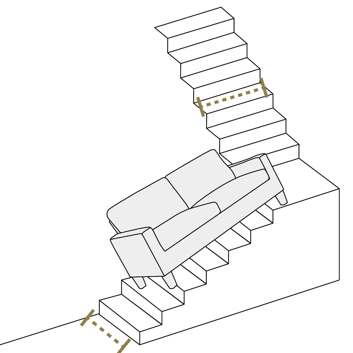 An illustration demonstrating how to scale stairs with a sofa