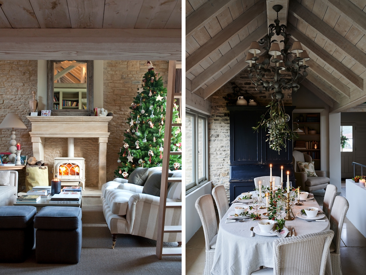 country Christmas decor with fireplace and dining table 