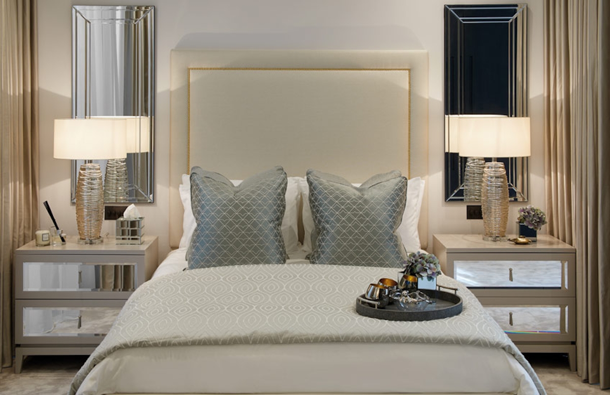 Celine Interior Design | Neutral Bedroom | Shop the Walton mirrored bedside tables at LuxDeco.com