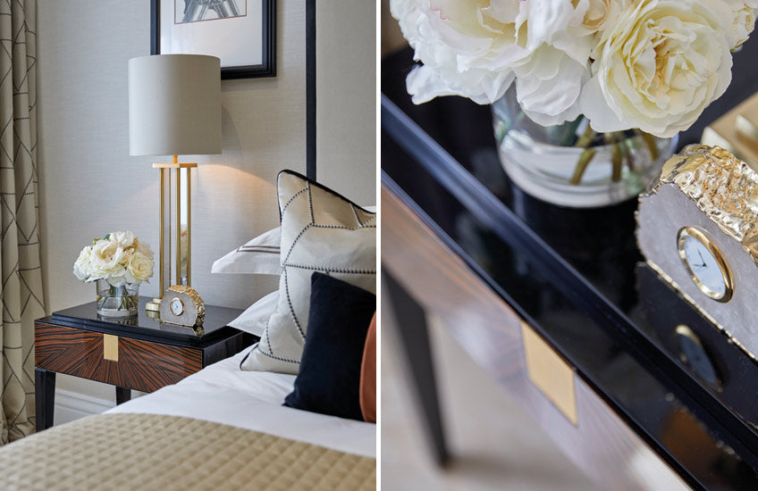 Luxury Art Deco Bedroom | Camellia & Peony Bouquet by Diane James | LuxDeco Interior Design Studio | Shop the Look at LuxDeco.com