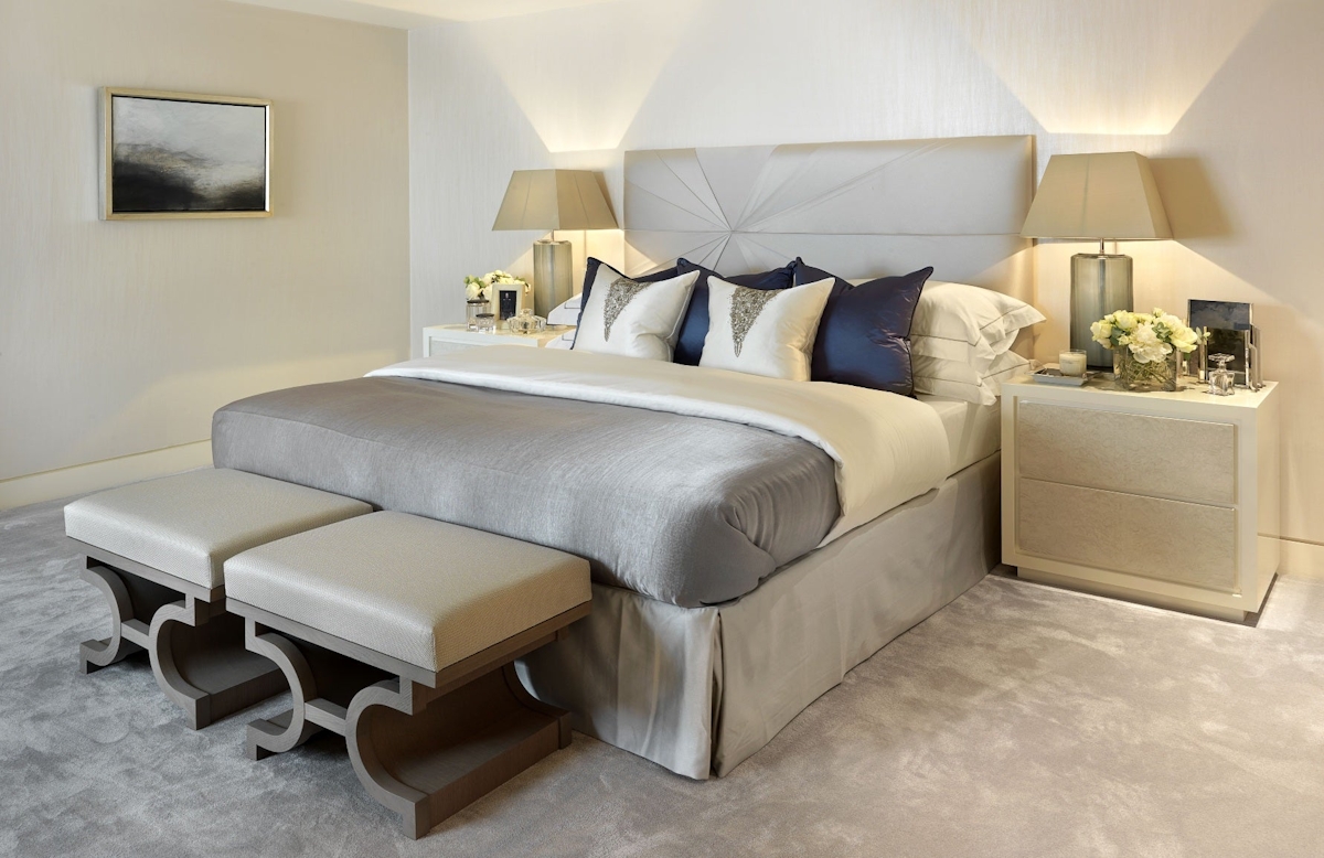 Neutral & Navy Bedroom Colour Schemes | Katharine Pooley | Discover luxury interiors in the Luxurist at LuxDeco.com