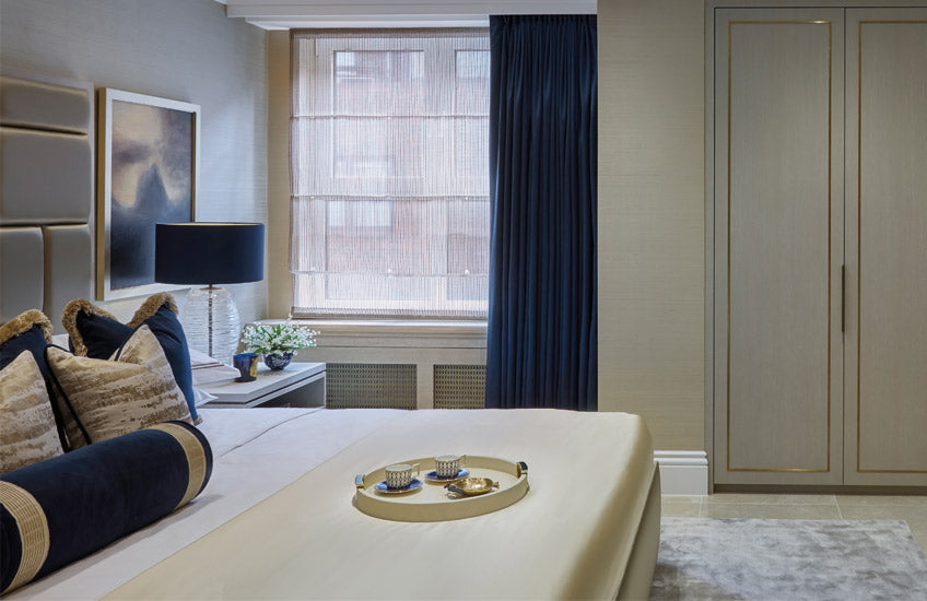 Cream & Blue Bedroom | Lily of the Valley Faux Flowers by John-Richard | LuxDeco Interior Design Studio | Shop the Look at LuxDeco.com