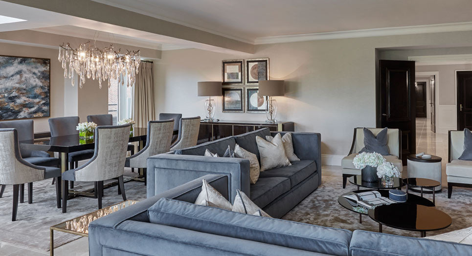 Luxury Interior Design by LuxDeco Design Studio | Set of 4 Circles & Squares Wall Art by Quintessa | Snowdrop Tulips Arrangement by John-Richard | Lisbon to Ankara Table Lamp by Villa Luma | Shop the Look at LuxDeco.com