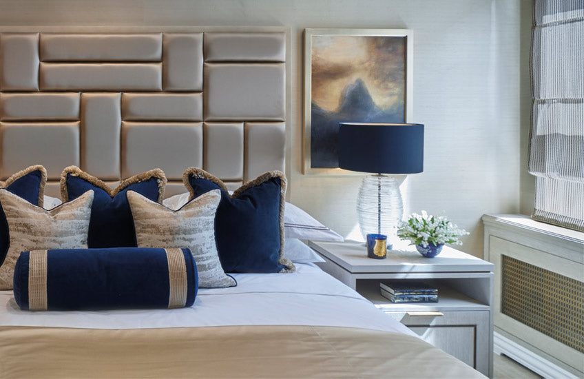 Cream & Navy Blue Bedroom | Lily of the Valley Faux Flowers by John—Richard | LuxDeco Interior Design Studio | Shop the Look at LuxDeco.com