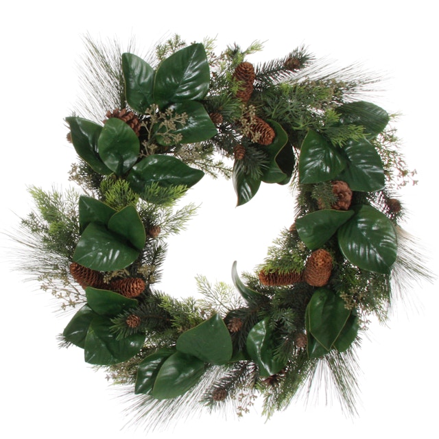 A green foliage and pine cone wreath