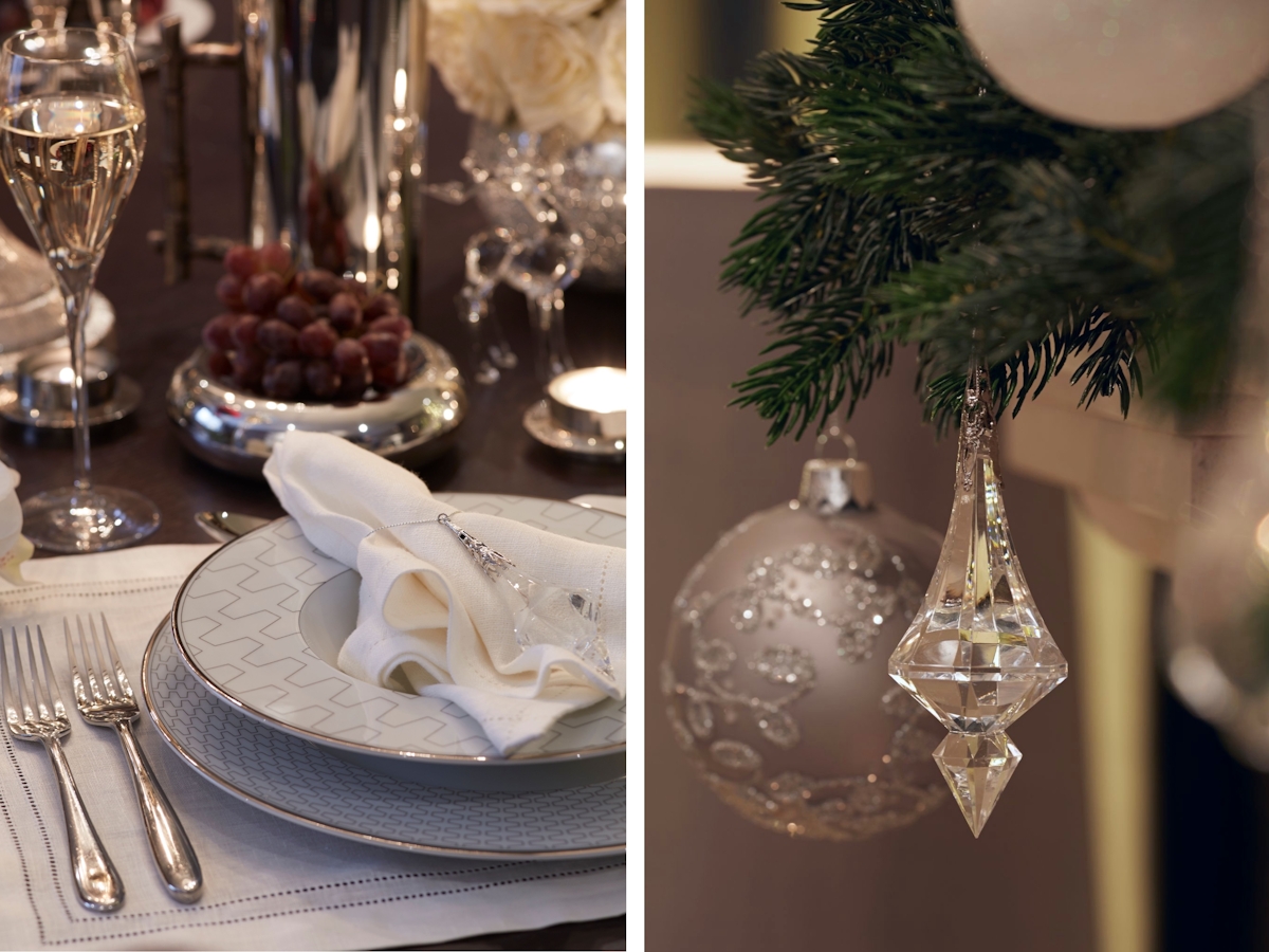 dining place setting and silver baubles 