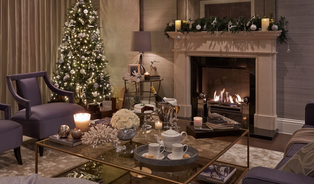 living room with elegant purple christmas decor 