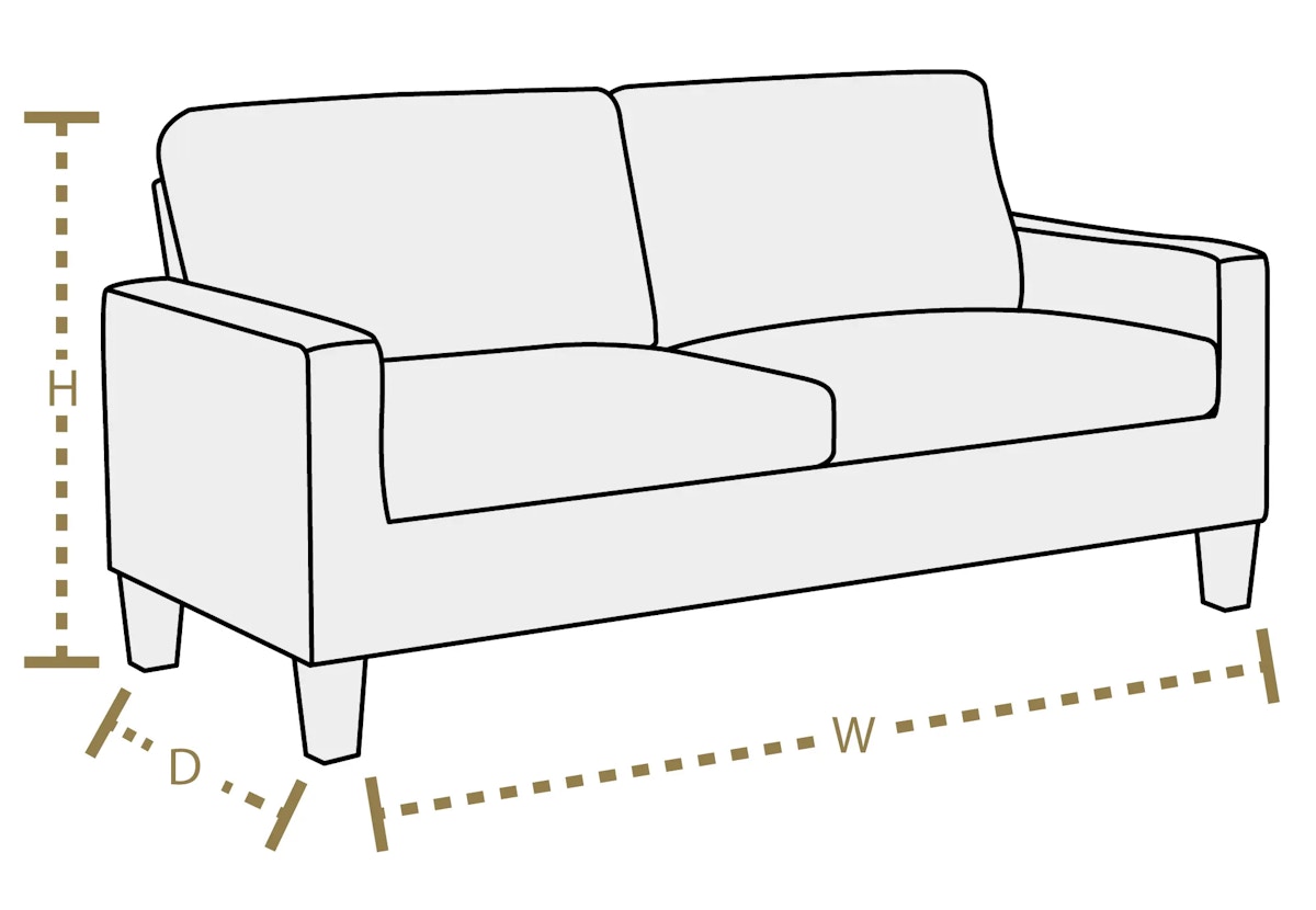Illustration of a sofa that demonstrates width, depth and height measurements