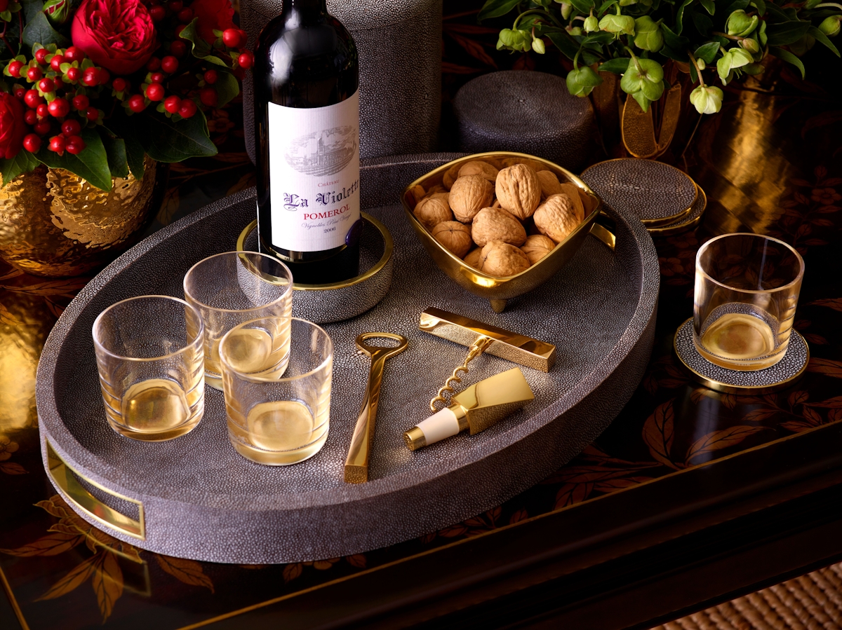 Christmas drinks station on shagreen tray