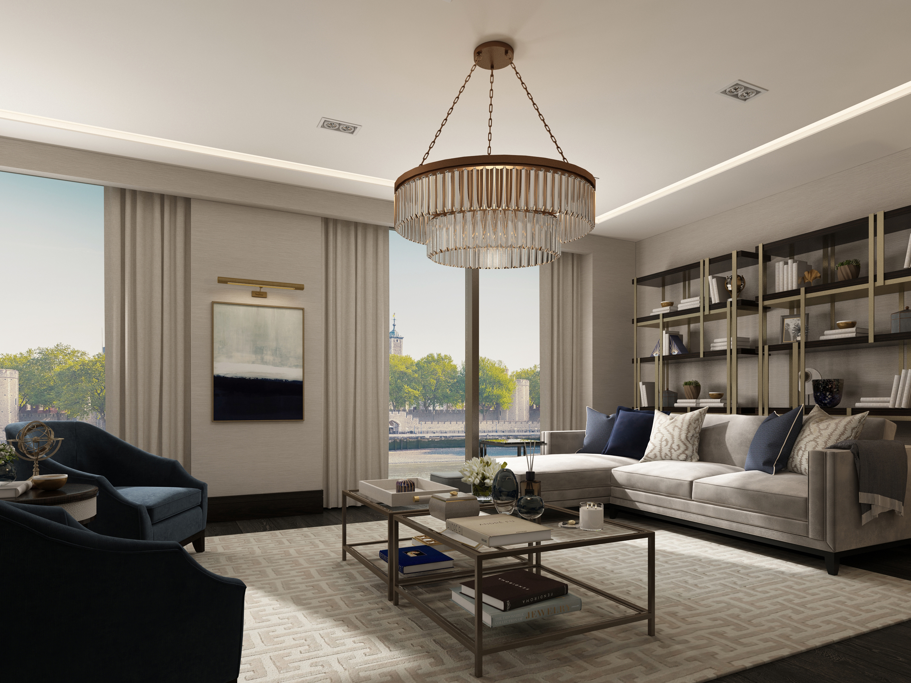 London apartment living room with luxury sofas and designer furniture