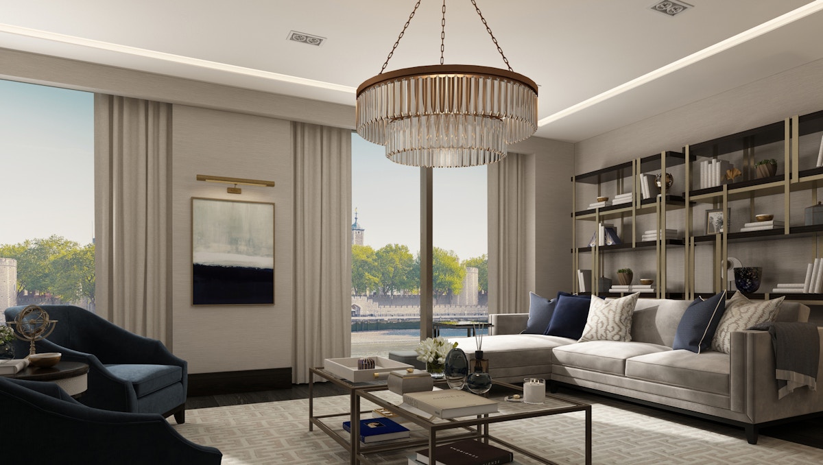 London apartment living room with luxury sofas and designer furniture