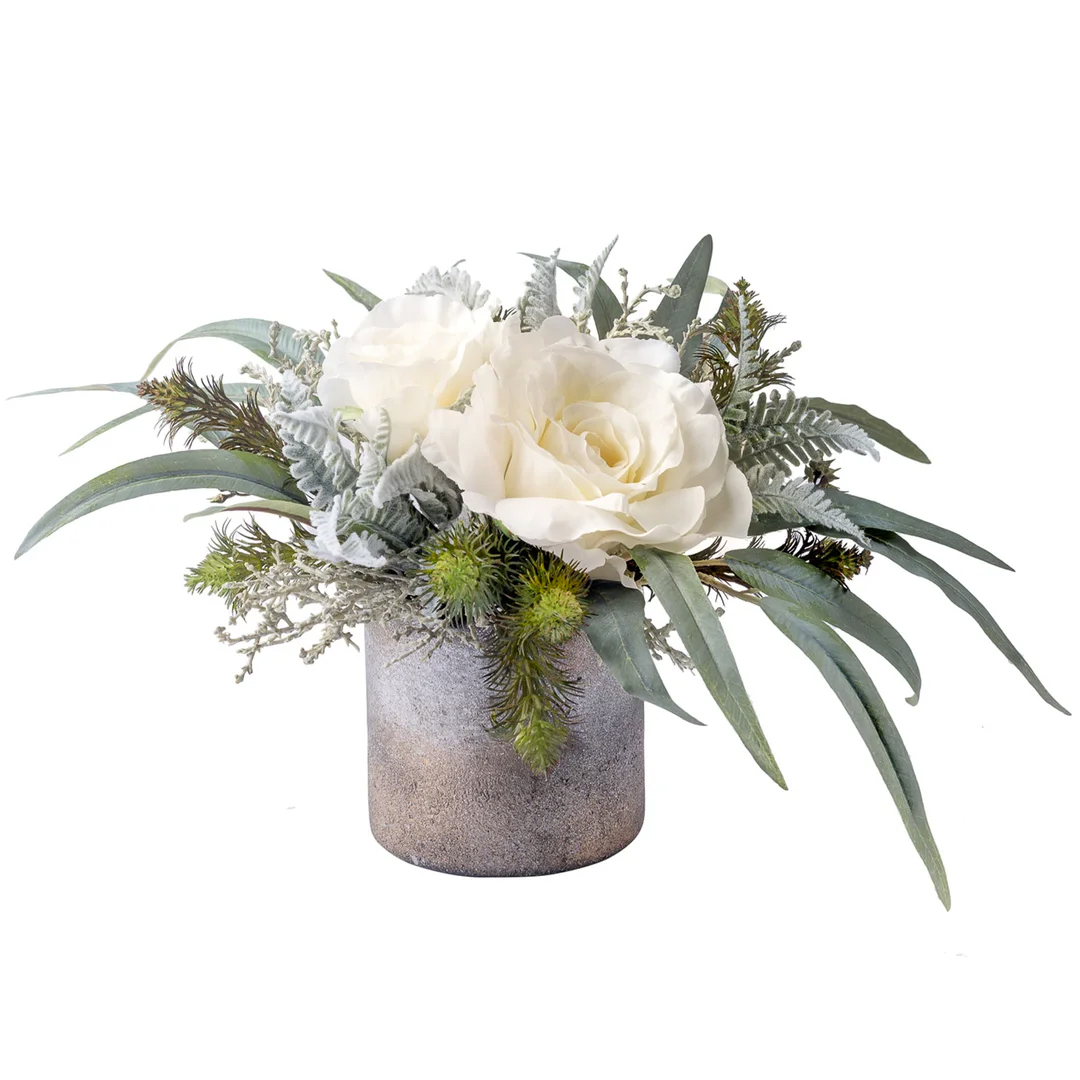 Rose & eucalyptus arrangement in frosted glass vase by RTFact x LuxDeco