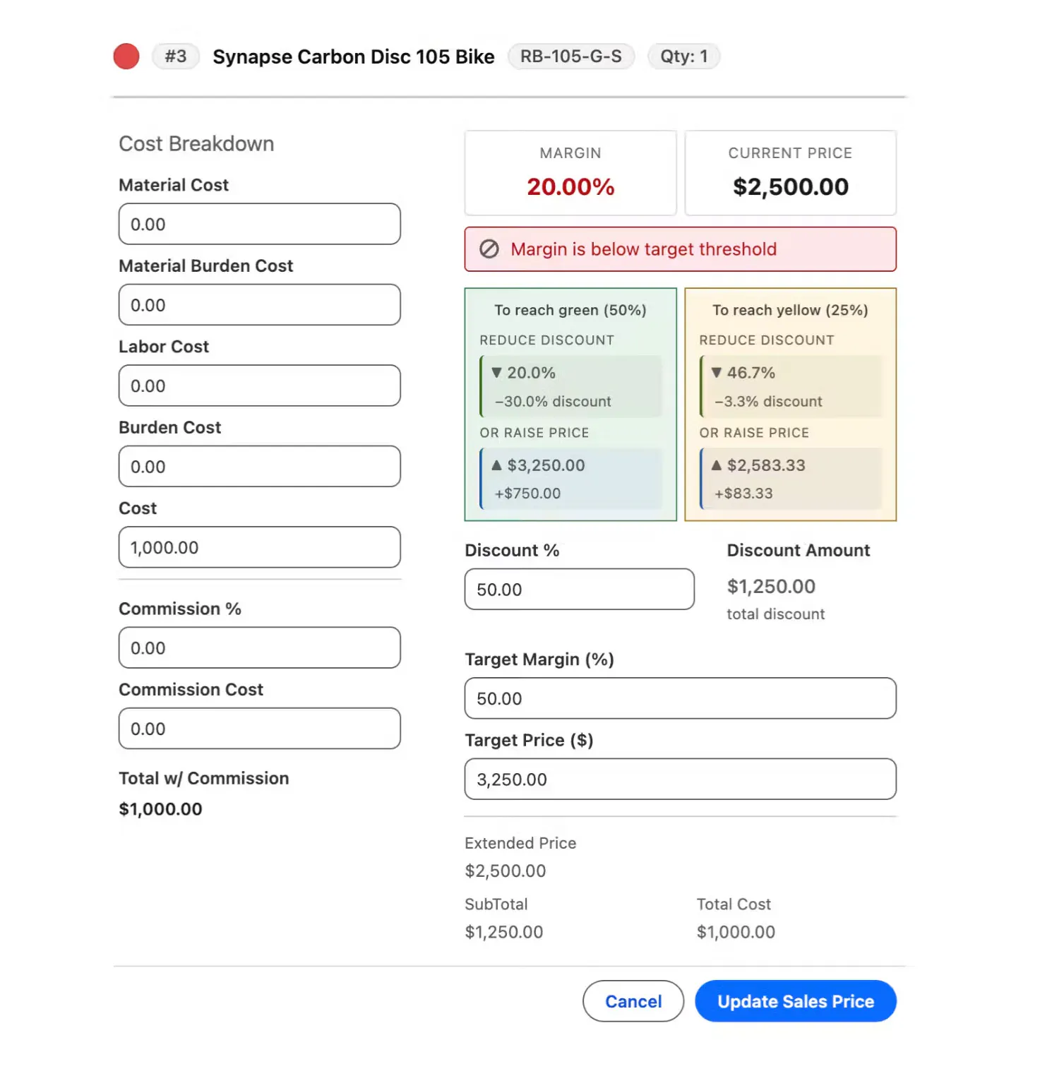 iQ CPQ cost breakdown showing margin, discount and target price on a quote line