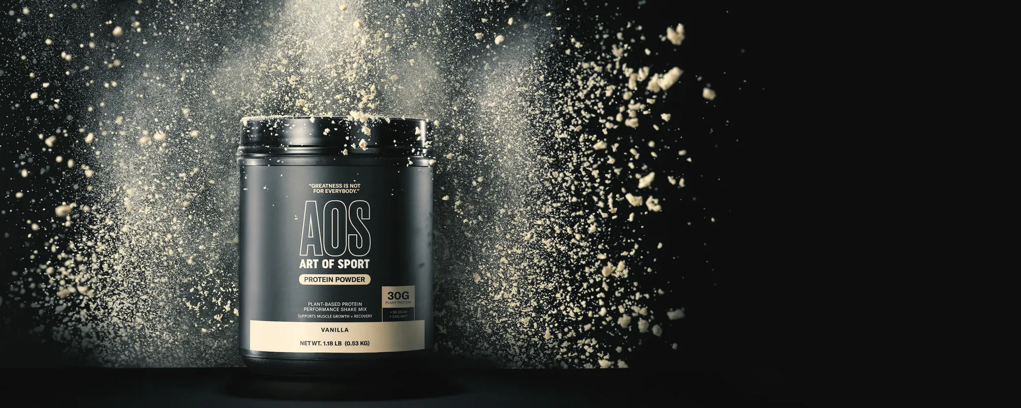 Art of Sport supplement tub in a burst of powder