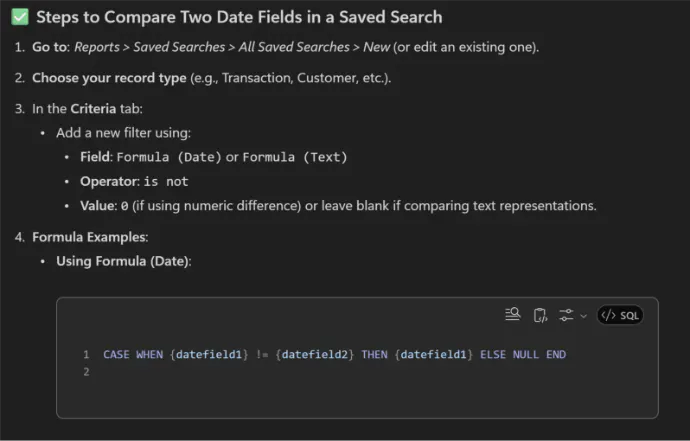 AI response listing the steps to compare two date fields in a NetSuite saved search