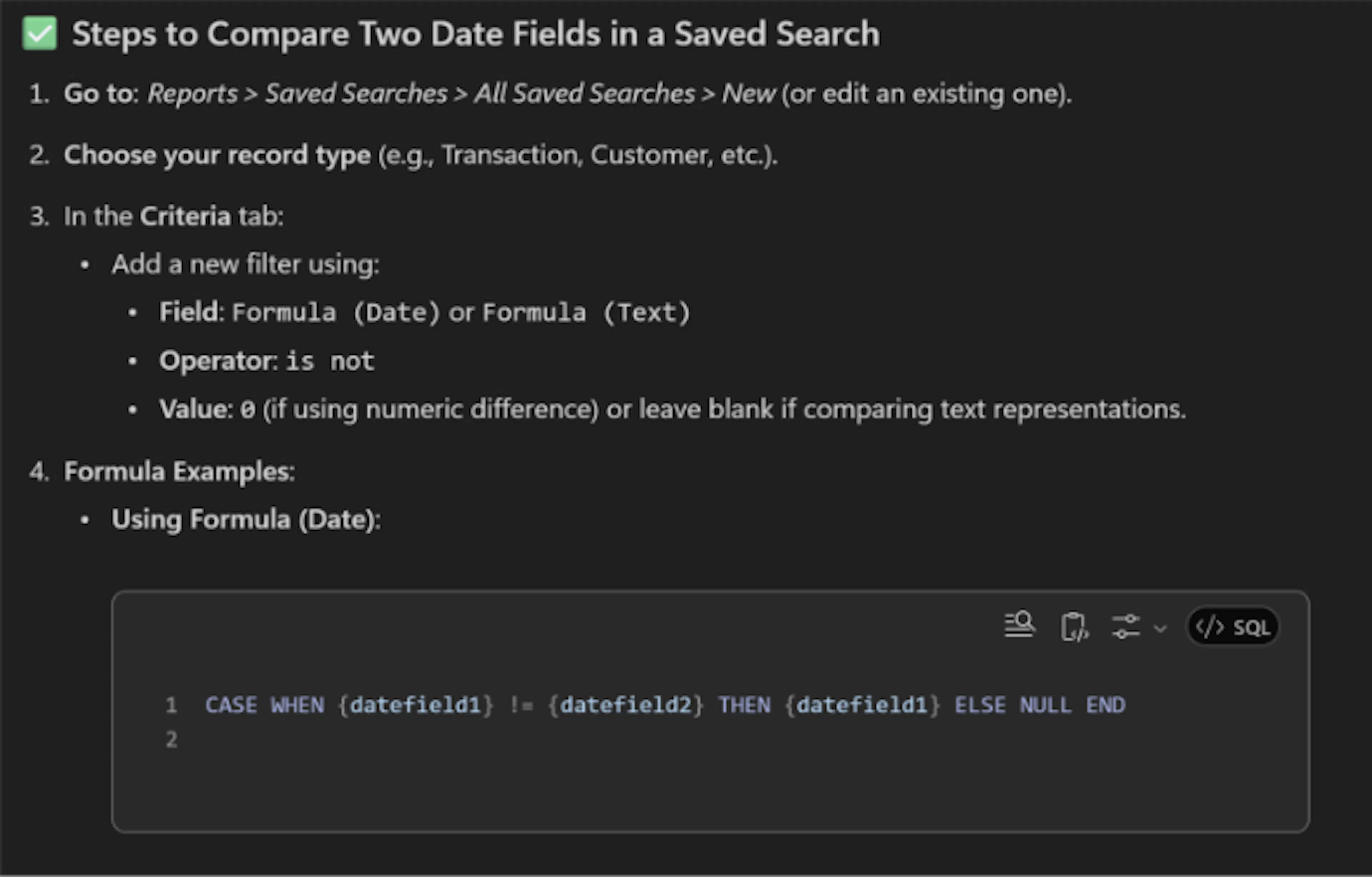 AI response listing the steps to compare two date fields in a NetSuite saved search