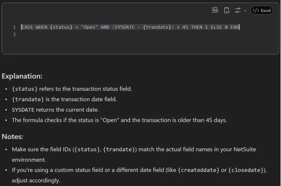 AI translating Excel IF/AND logic into a NetSuite saved search formula, with an explanation